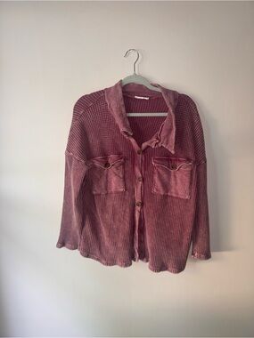 Bucket List Washed Rose Button-Up Waffle Knit Shacket